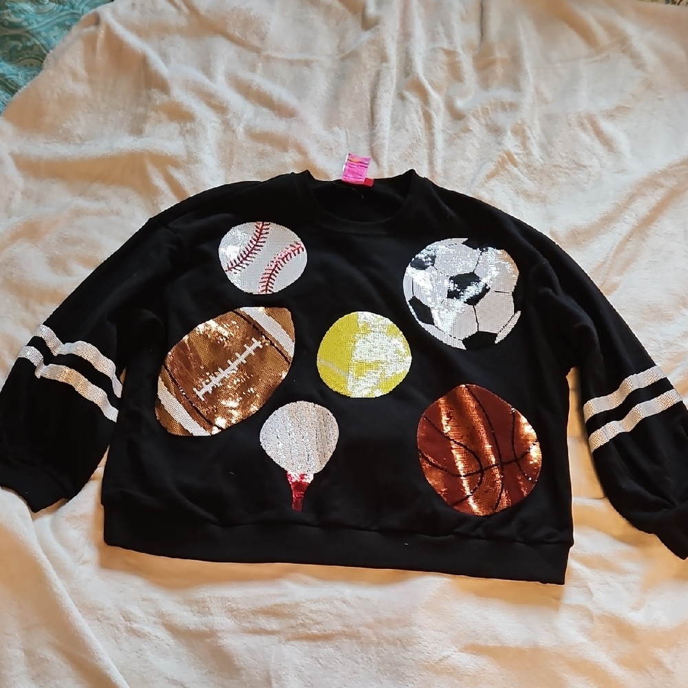 New Queen Of Sparkles Black Sports Ball Sequin Sweatshirt
